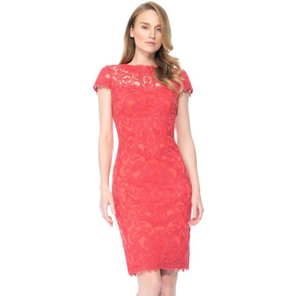 Tadashi Shoji Embroidered Tulle Lace Short Sleeve Dress Grey 0